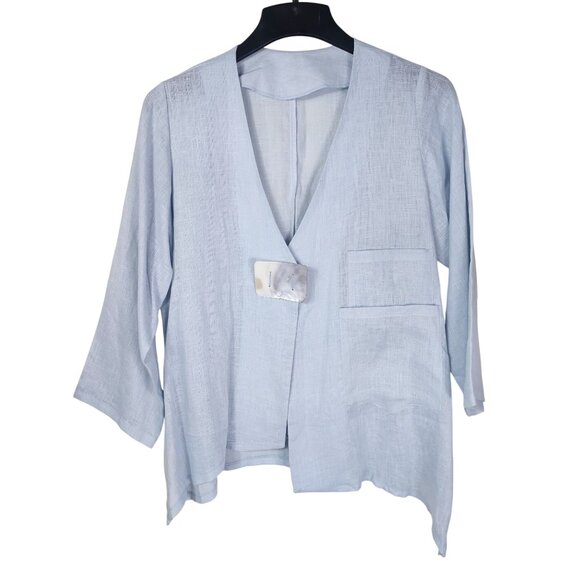 VTG Heydari Blue Linen Asymmetrical Jacket L Lagenlook Mother of Pearl Artsy USA - Picture 1 of 11